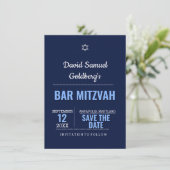 Navy Blue Modern Bar Mitzvah Save the Date Kaart (Staand voorkant)