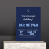Navy Blue Modern Bar Mitzvah Save the Date Kaart