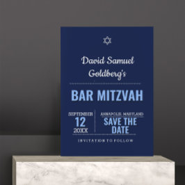Navy Blue Modern Bar Mitzvah Save the Date Kaart
