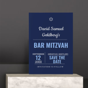 Navy Blue Modern Bar Mitzvah Save the Date Kaart