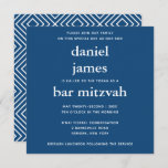 Navy Blue Modern Bar Mitzvah Square Invitation Kaart<br><div class="desc">Deze moderne uitnodiging is voorzien van vetgedrukt wit op de voorkant en een modern patroon op de achterkant. Gebruik de vorm van de sjabloon om uw douanetekst toe te voegen. De functie Aanpassen kan worden gebruikt om het lettertype,  de lay-out en de kleuren te wijzigen.</div>