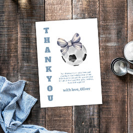 Navy Blue Modern Bow Soccer Sport Boy Baby Shower Bedankkaart