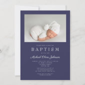 Navy Blue Modern Boy Photo Baptisme Kaart (Voorkant)
