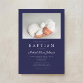Navy Blue Modern Boy Photo Baptisme Kaart