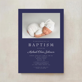 Navy Blue Modern Boy Photo Baptisme Kaart