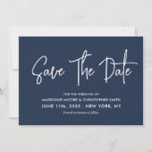 Navy Blue Modern Calligraphy Scannable QR Code Save The Date (Voorkant)