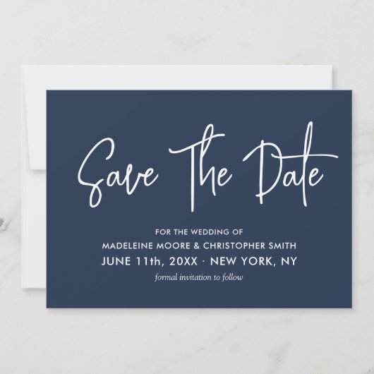 Navy Blue Modern Calligraphy Scannable QR Code Save The Date (Voorkant)