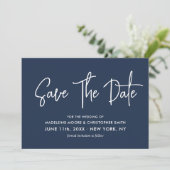 Navy Blue Modern Calligraphy Scannable QR Code Save The Date (Staand voorkant)