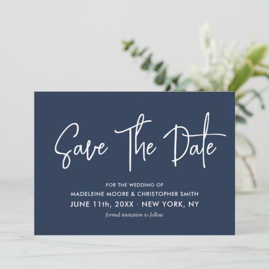 Navy Blue Modern Calligraphy Scannable QR Code Save The Date (Staand voorkant)