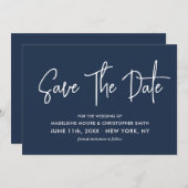 Navy Blue Modern Calligraphy Scannable QR Code Save The Date (Voorkant / Achterkant)