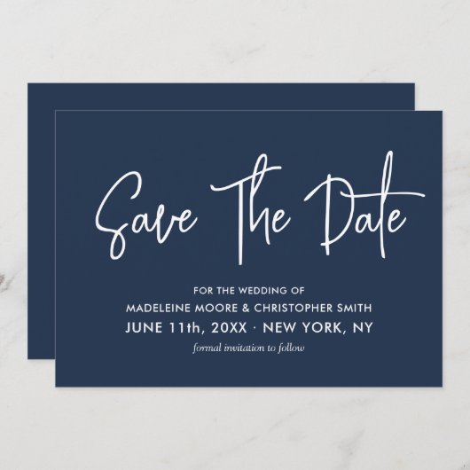 Navy Blue Modern Calligraphy Scannable QR Code Save The Date (Voorkant / Achterkant)