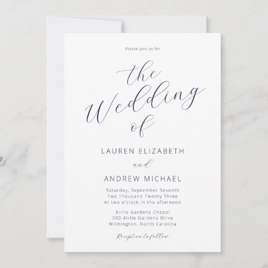 Navy Blue Modern Calligraphy Script Wedding Kaart (Voorkant)