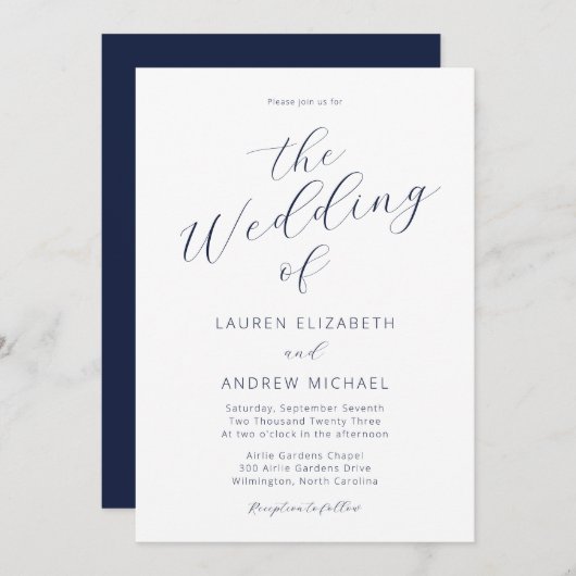 Navy Blue Modern Calligraphy Script Wedding Kaart (Voorkant / Achterkant)