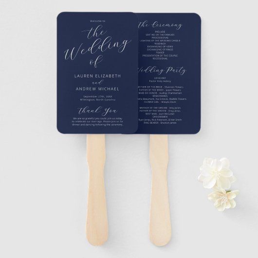 Navy Blue Modern Calligraphy Wedding Programme Handwaaier (Voorkant en achterkant)