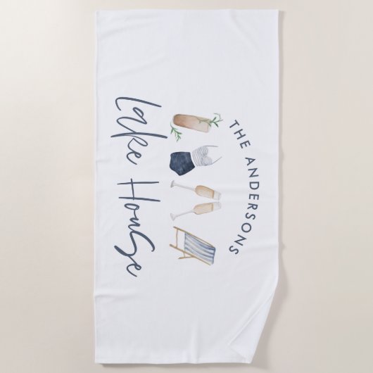 Navy blue modern champagne script Lake house Strandlaken (Voorkant)