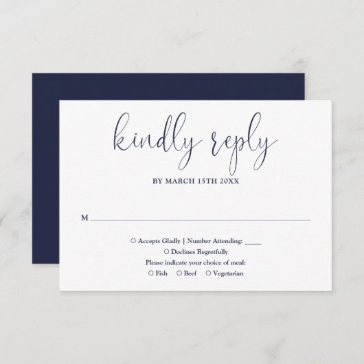 Navy Blue Modern Chic Elegant Script Wedding RSVP Kaartje (Voorkant / Achterkant)