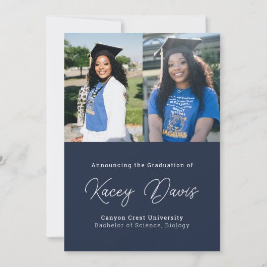 Navy Blue Modern Class Jaar van & Foto Afstuderen Aankondiging (Achterkant)