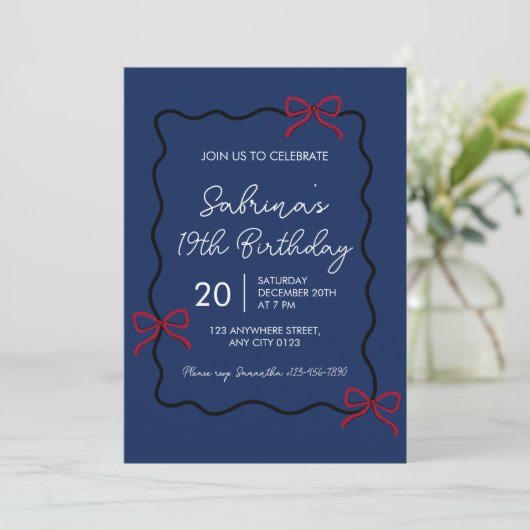 Navy Blue Modern Coquette 19th Birthday Invitation Kaart (Staand voorkant)