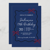 Navy Blue Modern Coquette 19th Birthday Invitation Kaart (Voorkant / Achterkant)