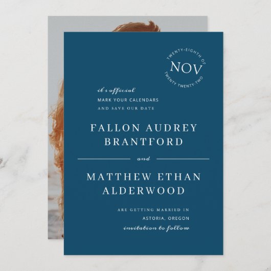 Navy Blue Modern Date Seal Sla de datum op Save The Date (Voorkant / Achterkant)
