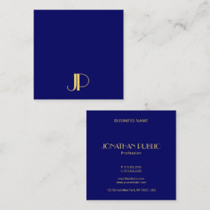 Navy Blue Modern Elegant Gold Monogram Sjabloon Vierkante Visitekaartje