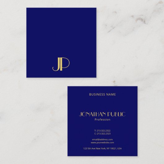 Navy Blue Modern Elegant Gold Monogram Sjabloon Vierkante Visitekaartje (Voorkant / Achterkant)