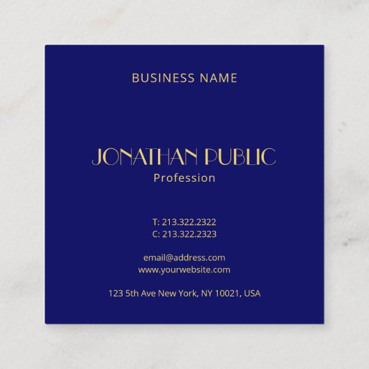 Navy Blue Modern Elegant Gold Monogram Sjabloon Vierkante Visitekaartje (Achterkant)
