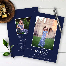 Navy Blue Modern Elegant Script Afstuderen Foto Aankondiging