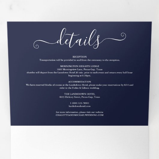 Navy Blue Modern Elegant Script Monogram Weddensch Drieluik Uitnodiging (Binnenzijde eerst)