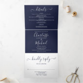 Navy Blue Modern Elegant Script Monogram Weddensch Drieluik Uitnodiging (Binnen)