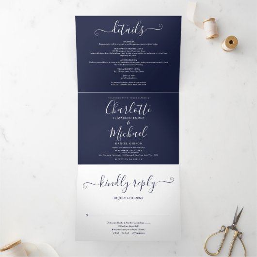 Navy Blue Modern Elegant Script Monogram Weddensch Drieluik Uitnodiging (Binnen)