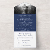 Navy Blue Modern Elegant Simple Photo Wedding All In One Uitnodiging (Binnen)