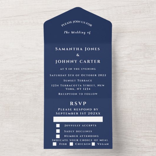 Navy Blue Modern Elegant Simple Wedding All In One Uitnodiging (Binnen)