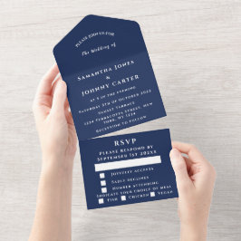 Navy Blue Modern Elegant Simple Wedding All In One Uitnodiging