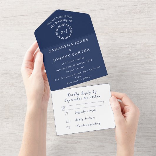 Navy Blue Modern Elegant Simple Wedding All In One Uitnodiging (Afscheurbaar)