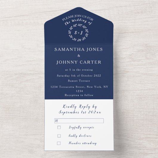 Navy Blue Modern Elegant Simple Wedding All In One Uitnodiging (Binnen)