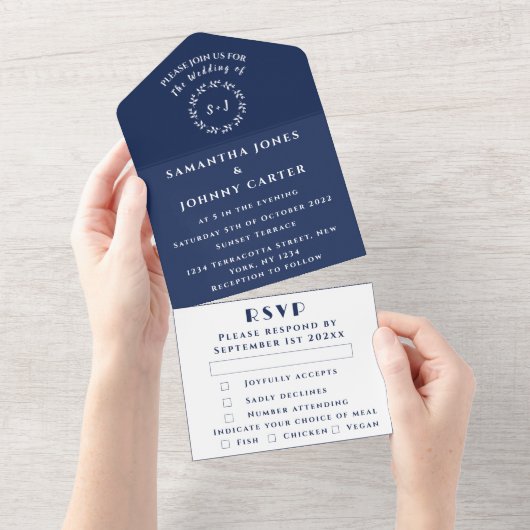 Navy Blue Modern Elegant Simple Wedding All In One Uitnodiging (Afscheurbaar)