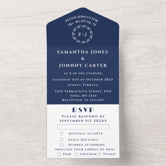 Navy Blue Modern Elegant Simple Wedding All In One Uitnodiging (Binnen)