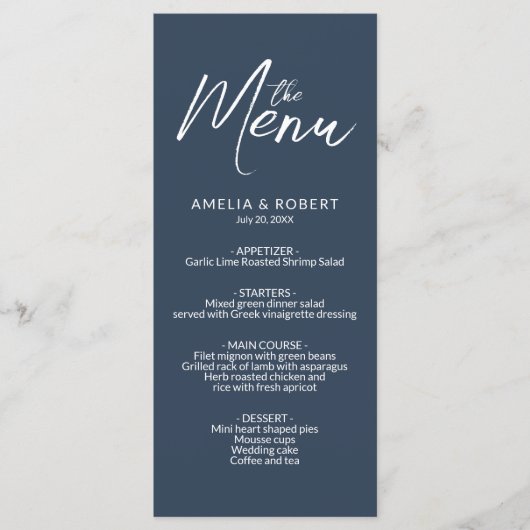 Navy Blue Modern Elegant Simple Wedding Menu (Voorkant)