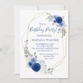 Navy Blue Modern Floral Birthday Party Kaart (Voorkant)