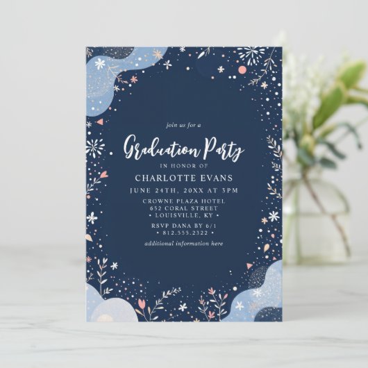 Navy Blue Modern Floral Confetti Afstuderen Kaart (Staand voorkant)