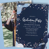 Navy Blue Modern Floral Confetti Afstuderen Kaart