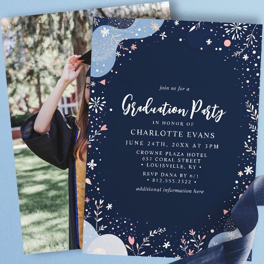Navy Blue Modern Floral Confetti Afstuderen Kaart