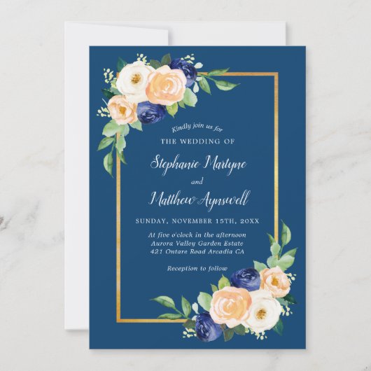 Navy Blue Modern Floral Coral Wedding Kaart (Voorkant)