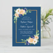 Navy Blue Modern Floral Coral Wedding Kaart (Staand voorkant)
