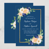 Navy Blue Modern Floral Coral Wedding Kaart (Voorkant / Achterkant)