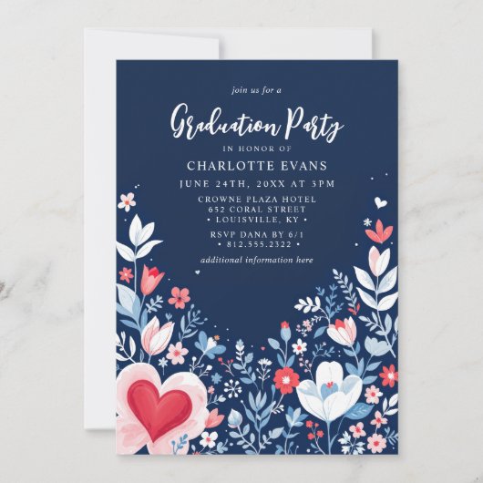 Navy Blue Modern Floral Nurse Heart Afstuderen Kaart (Voorkant)