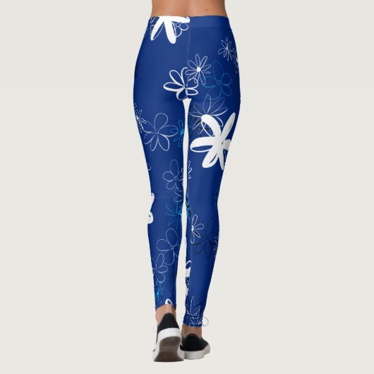 Navy Blue Modern Floral Pattern Leggings (Achterkant)