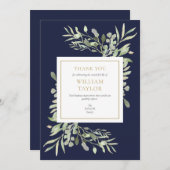 Navy Blue Modern Funeral Memorial Greenery Bedankkaart (Voorkant / Achterkant)