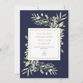 Navy Blue Modern Funeral Memorial Greenery Bedankkaart